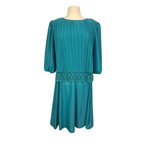 Vintage Good Times Teal Pleated Lace Trim Dress 3/4 Puff Sleeve Size 14 FLAWED